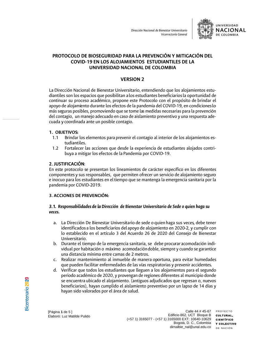 Protocolo de bioseguridad para los alojamientos estudiantiles de la Universidad Nacional de Colombia